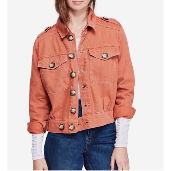 Free People Eisenhower Denim Jacket Boxy Fit Terracotta Orange Small - Picture 2 of 15